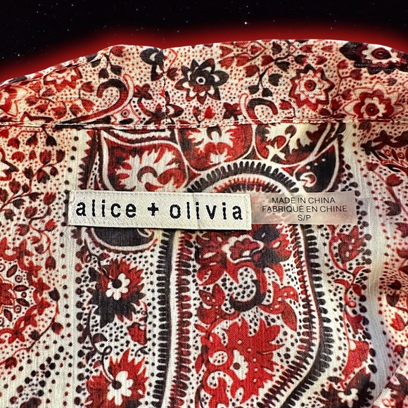 Alice + Olivia ‘Anabel’ Multicolor Burgundy Bohemian Paisley Pussybow Top Size S - Picture 7 of 16